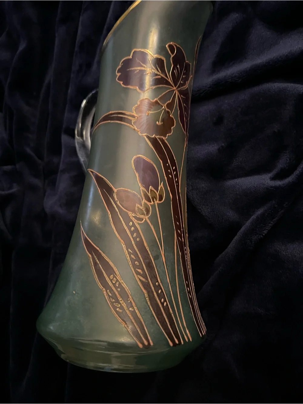 Art Nouveau vase by François-Théodore Legras w/purple irises and gold leaves.